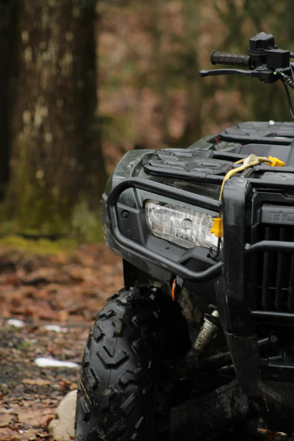 Close-up of a vehicle's tire and wheel showing the tread and fender. The vehicle is parked on a forest floor, indicating an off-road context.