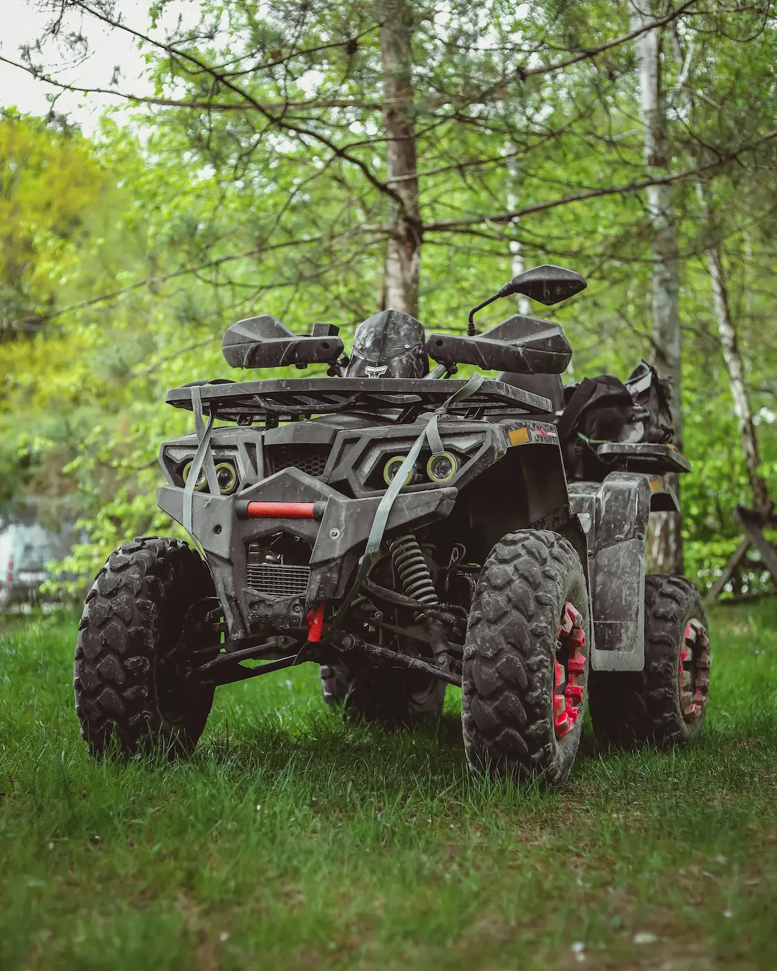 A black quad parked on a grassy area surrounded by trees.