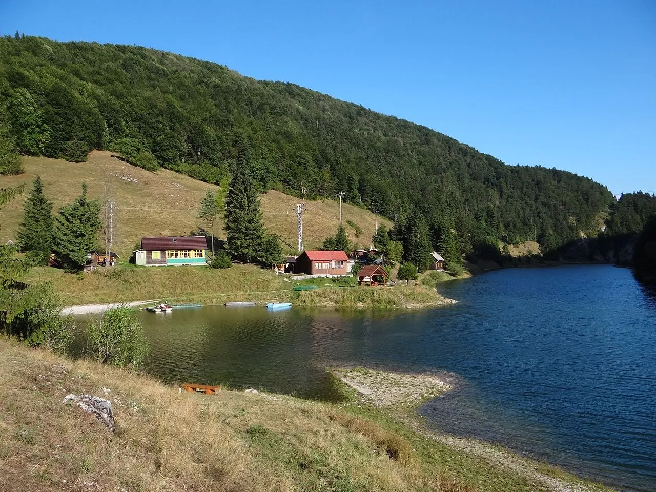 Wooden cabins by the water